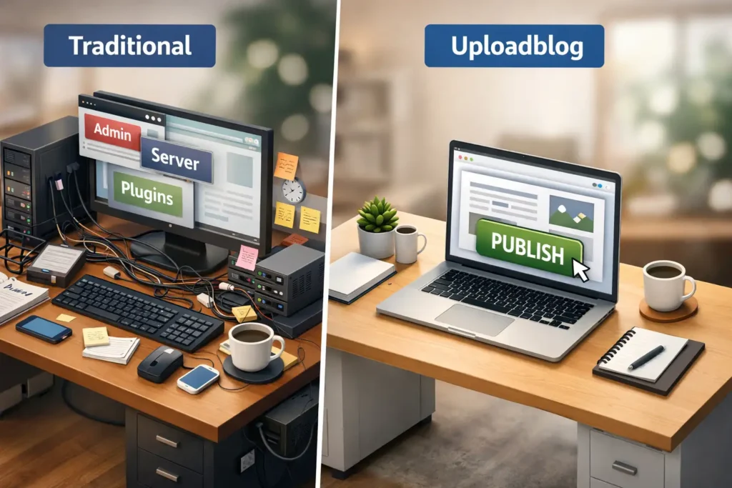 Traditional vs modern blogging workspace